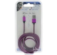 8-Pin auf USB Ladekabel, 2,5 Meter lang, lila-schwarz geflochten, passend für iPhone, iPad und iPod.