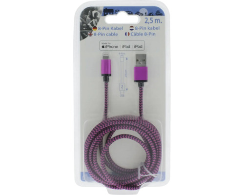 8-Pin auf USB Ladekabel, 2,5 Meter lang, lila-schwarz geflochten, passend für iPhone, iPad und iPod.