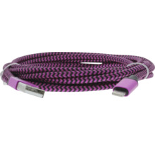 Geflochtenes Ladekabel mit USB Typ A und Lightning Anschluss in Lila und Schwarz, aufgerollt.
