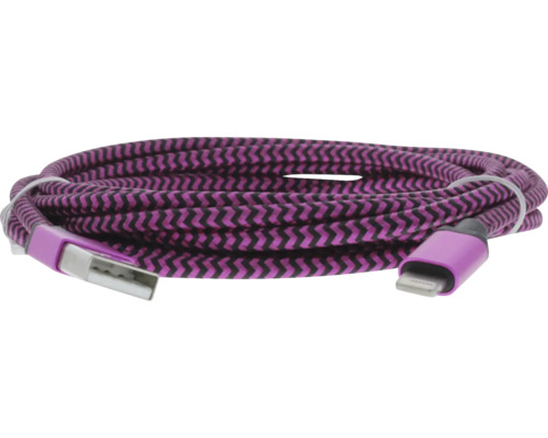 Geflochtenes Ladekabel mit USB Typ A und Lightning Anschluss in Lila und Schwarz, aufgerollt.