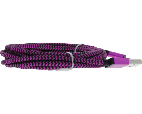 Geflochtenes USB-Kabel mit lila-schwarzem Zickzack-Muster und USB-A-Stecker.
