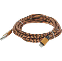 Câble de charge USB vers Lightning avec gaine en textile tressé à motif zigzag et connecteurs dorés.