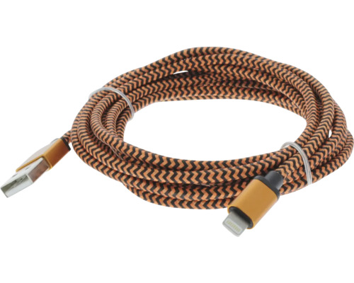 Câble de charge USB vers Lightning avec gaine en textile tressé à motif zigzag et connecteurs dorés.
