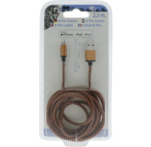 Câble de charge et de données 8 broches vers USB avec gaine en textile tressé, longueur 2,5 mètres, pour iPhone, iPad et iPod.