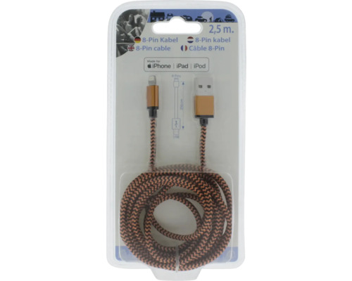 Câble de charge et de données 8 broches vers USB avec gaine en textile tressé, longueur 2,5 mètres, pour iPhone, iPad et iPod.