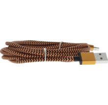 Câble de charge USB tressé noir et bronze avec motif en zigzag et fiches métalliques.