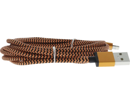 Câble de charge USB tressé noir et bronze avec motif en zigzag et fiches métalliques.