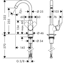 Schéma technique d''un robinet de cuisine avec dimensions