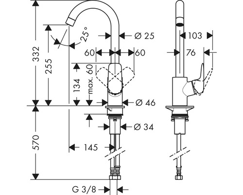 Schéma technique d''un robinet de cuisine avec dimensions