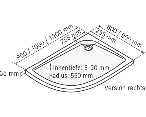 Technische Zeichnung einer Duschwanne mit Maßangaben