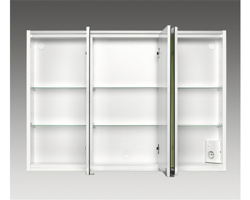 Armoire de toilette blanche avec trois portes et étagères en verre
