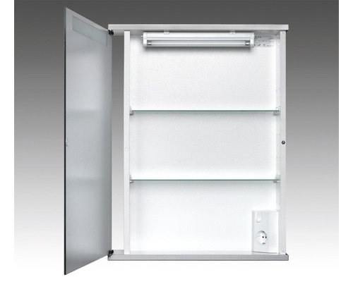 Armoire de toilette ouverte avec éclairage et prise électrique