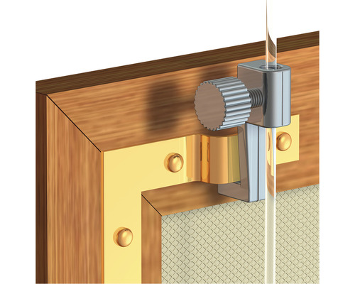 Vue détaillée d''un support de porte coulissante en verre avec vis sur un cadre en bois