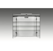 Armoire de toilette ouverte avec éclairage et étagères en verre pour la salle de bains