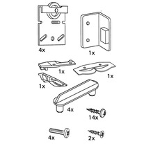 Illustration eines Beschlagsets mit Rollen, Winkeln, Griffen und Schrauben in verschiedenen Stückzahlen