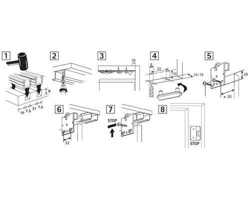 Instructions pour le montage d''une porte coulissante, présentées en huit étapes