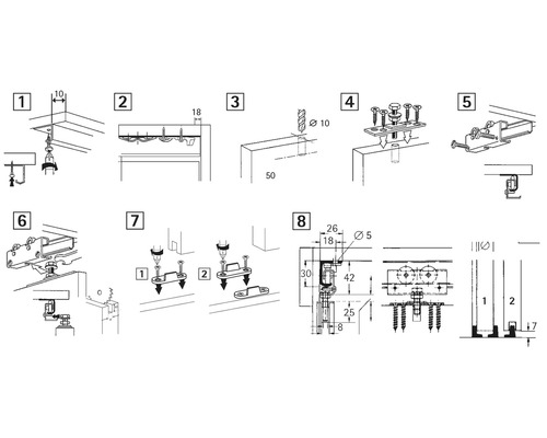 Montageanleitung für Schiebetürbeschläge mit schematischen Darstellungen und Maßangaben