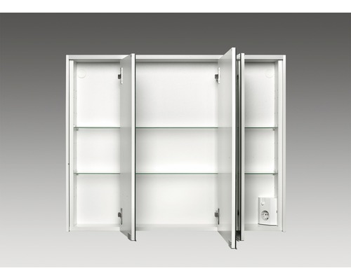 Armoire de toilette blanche avec trois portes et étagères en verre