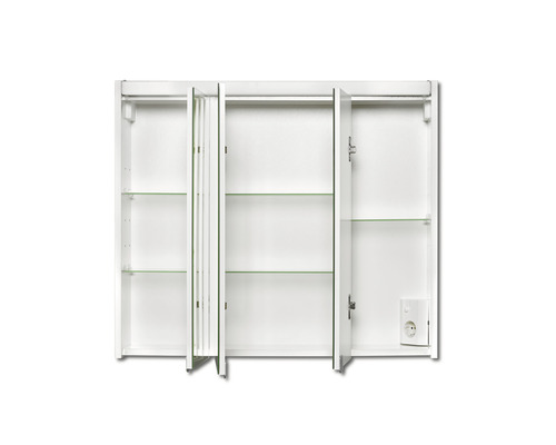 Armoire de toilette blanche avec trois portes et étagères en verre