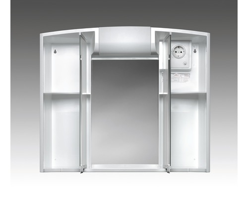 Armoire de toilette ouverte avec prise et étagères