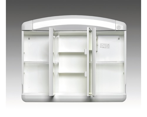 Armoire de salle de bain ouverte avec trois portes et étagères