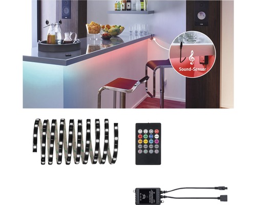 LED-Streifen zur Beleuchtung einer Bar mit Sound-Sensor, Fernbedienung und Steuergerät.