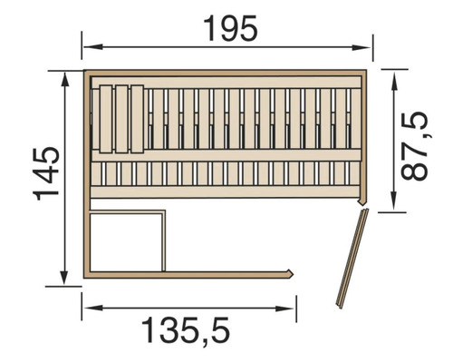 Schéma d''un sauna avec dimensions : longueur 195 cm, largeur 135,5 cm, hauteur 145 cm et profondeur d''assise 87,5 cm.