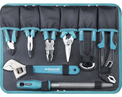 Technocraft Werkzeugsatz mit verschiedenen Zangen, Schraubenschlüssel und Feile in Werkzeugtasche