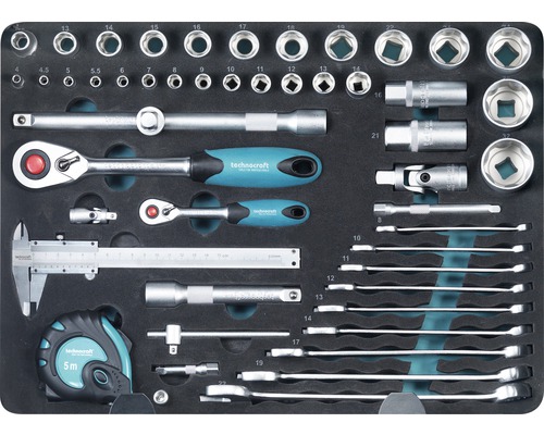 Technocraft Werkzeugkoffer mit Steckschlüsselsatz, Ratschen, Schraubenschlüsseln, Messschieber und Maßband
