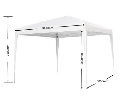 Weißes Partyzelt mit den Maßen 3000 mm x 3000 mm und einer Höhe von 2600 mm.