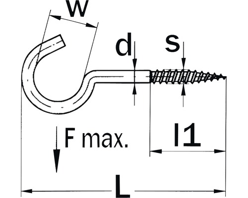 Technische Zeichnung eines Hakens mit Gewinde und Abmessungsangaben