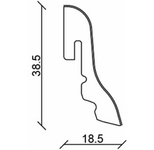 Querschnitt einer Sockelleiste mit den Maßen 38,5 mm Höhe und 18,5 mm Breite