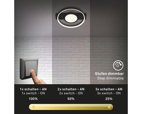 Deckenleuchte mit schrittweiser Dimmfunktion durch Betätigung des Lichtschalters.