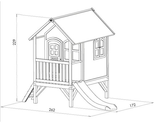 Dessin technique d''une cabane de jeu avec toboggan et dimensions de 229 cm de hauteur, 262 cm de largeur et 172 cm de profondeur.