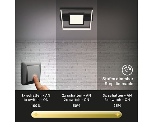 Stufendimmbare Deckenleuchte mit Wandschalter und unterschiedlichen Helligkeitsstufen.