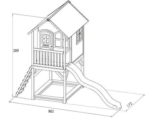 Illustration d''une cabane de jeu avec toboggan et échelle avec dimensions