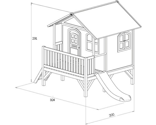 Illustration d''une cabane en bois avec toboggan et dimensions