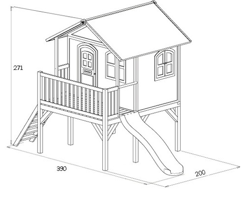 Illustration d''une cabane de jeu avec toboggan et dimensions 271 x 390 x 200 cm.