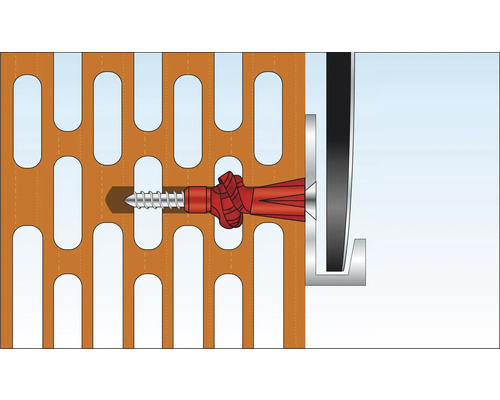Fixation d''une vis avec une cheville dans une brique perforée.