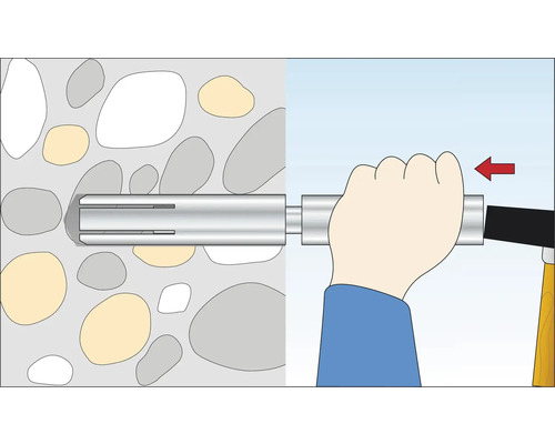 Illustration eines Dübels, der mit einem Hammer in eine Steinwand geschlagen wird