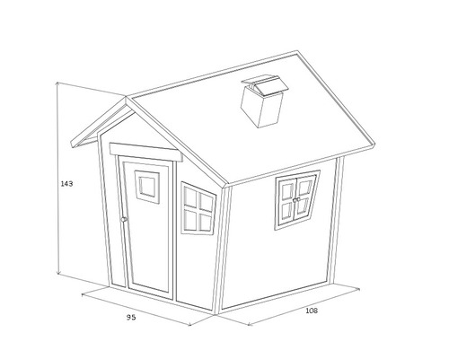 Image d''une cabane de jeu pour enfants avec porte, fenêtres et cheminée.