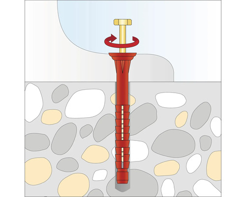 Illustration einer Schraube, die in einem Dübel in einer Wand befestigt wird