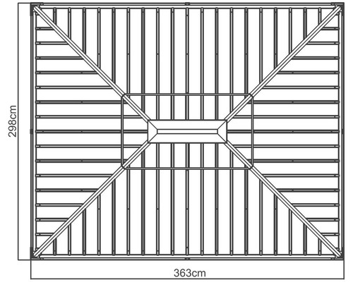 Vue de dessus d''un toit de terrasse rectangulaire mesurant 363 cm sur 298 cm