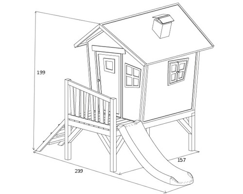 Illustration d''une cabane de jeu en bois avec toboggan et dimensions