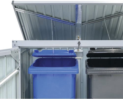 Mülltonnenbox mit blauer und grauer Tonne unter geöffnetem Deckel.