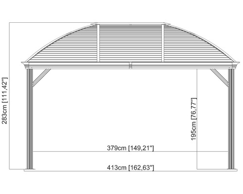 Technische Zeichnung eines Pavillons mit Maßangaben.