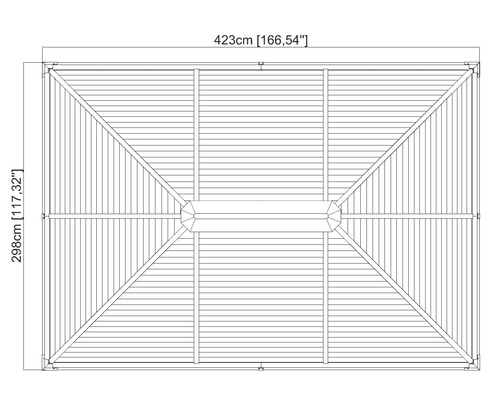 Dachansicht einer Gartenlaube mit den Maßen 423 mal 298 Zentimeter