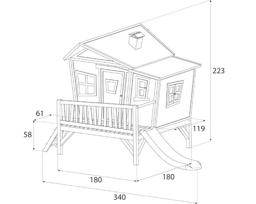 Schéma technique d''une cabane sur pilotis avec toboggan et dimensions 340x180x223 cm.