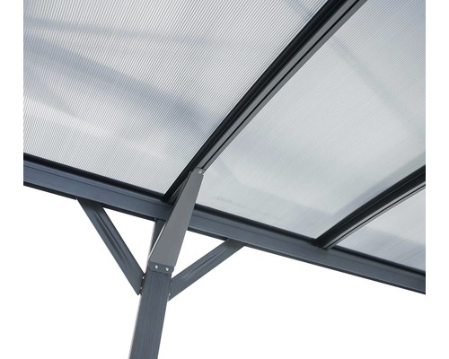 Detailansicht eines Pavillondachs mit Polycarbonatplatten und Rahmen
