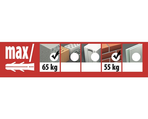 Charge maximale du goujon dans différents matériaux de construction : 65 kilogrammes dans le béton et le béton cellulaire, 55 kilogrammes dans la brique